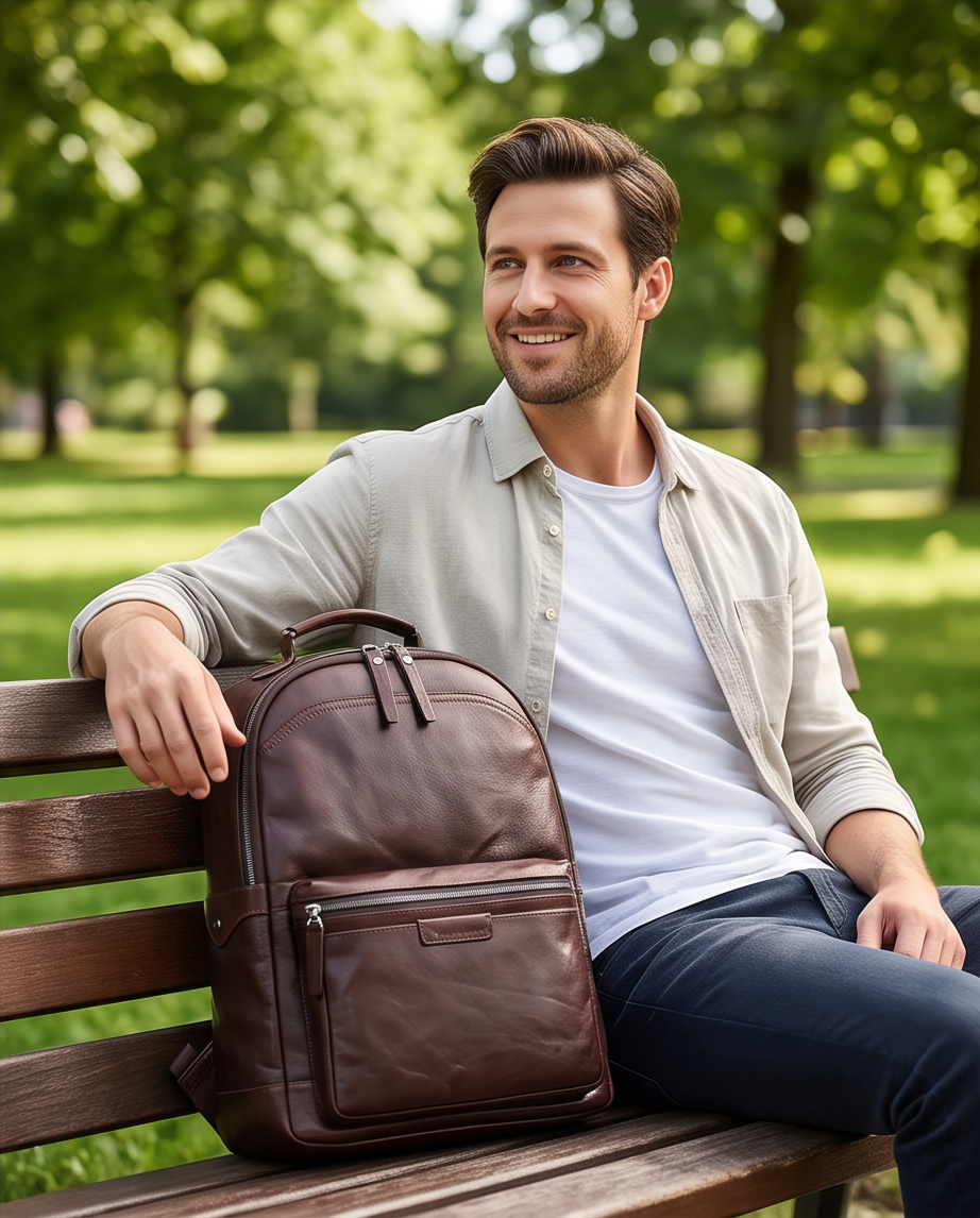 Q-TREK Full Grain Leather Backpack – Water-Resistant, Breathable & Patina-Developing, Brown