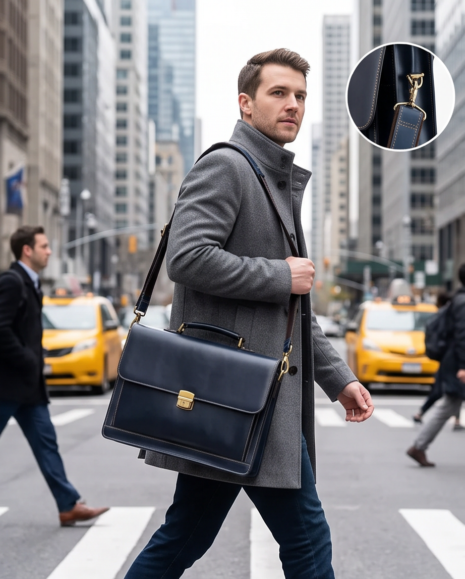 Q-SKYWALKER Vintage Crazy Horse Leather Briefcase – Waterproof, Scratch-Resistant & Laptop Messenger