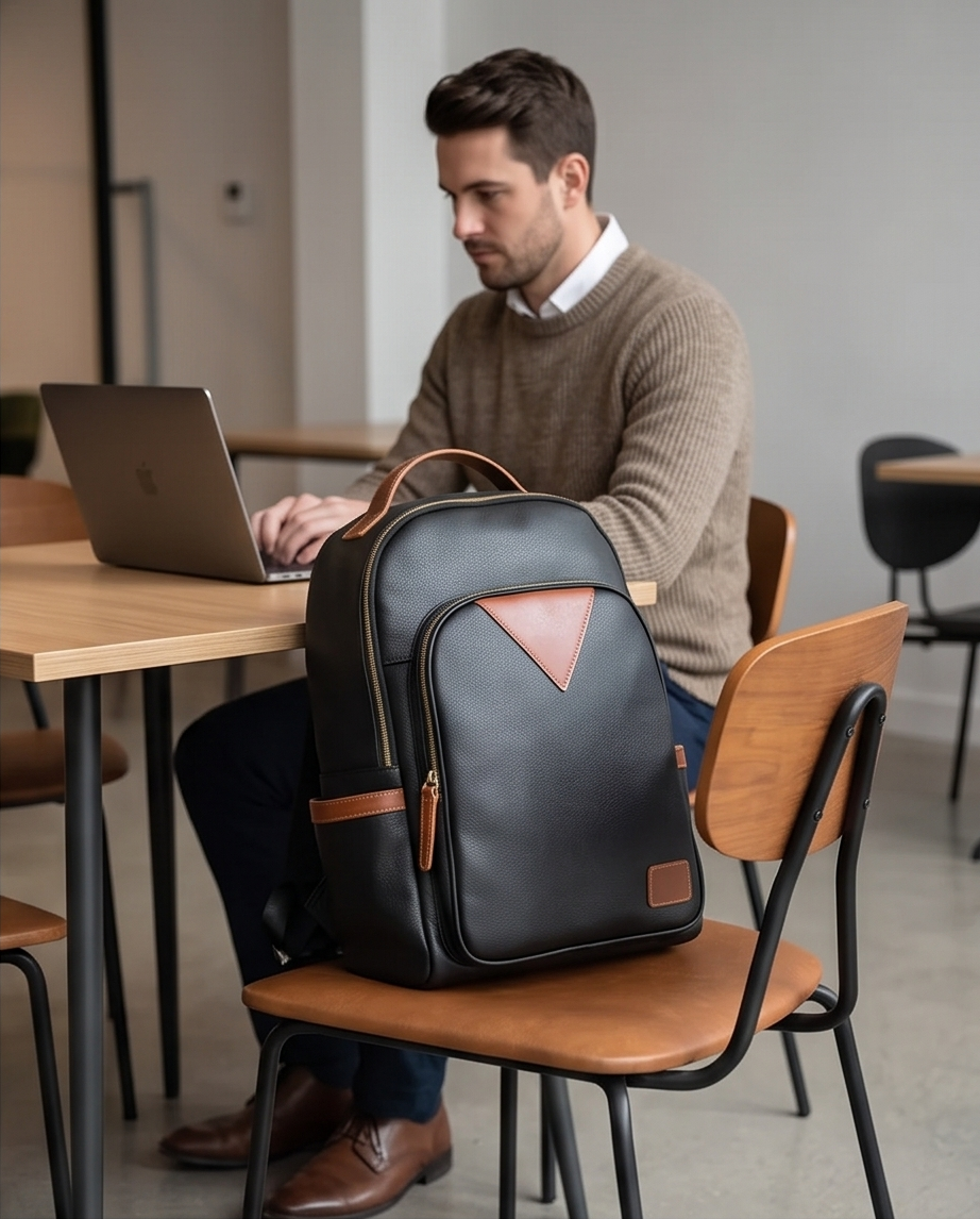 QUQUITO Full Grain Leather Laptop Backpack – Water-Resistant, Breathable & Patina-Developing