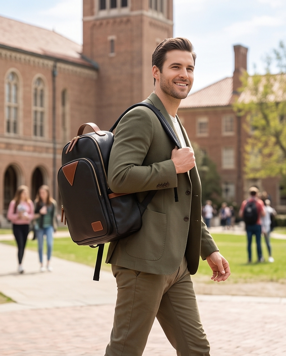 QUQUITO Full Grain Leather Laptop Backpack – Water-Resistant, Breathable & Patina-Developing