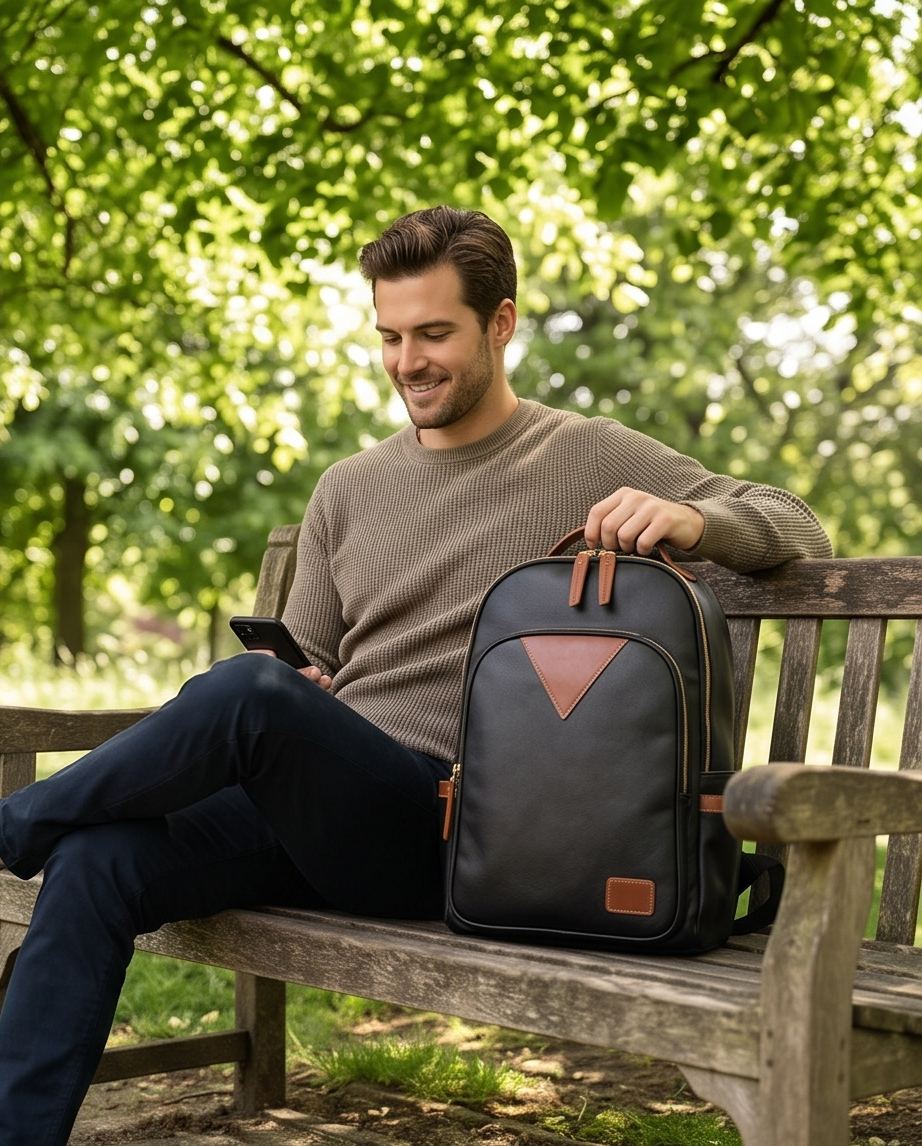 QUQUITO Full Grain Leather Laptop Backpack – Water-Resistant, Breathable & Patina-Developing