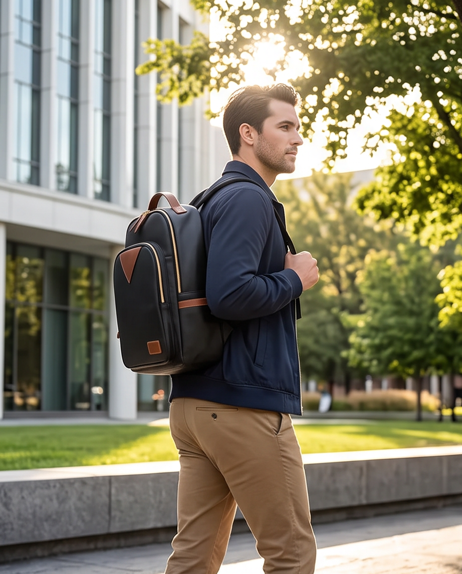 QUQUITO Full Grain Leather Laptop Backpack – Water-Resistant, Breathable & Patina-Developing