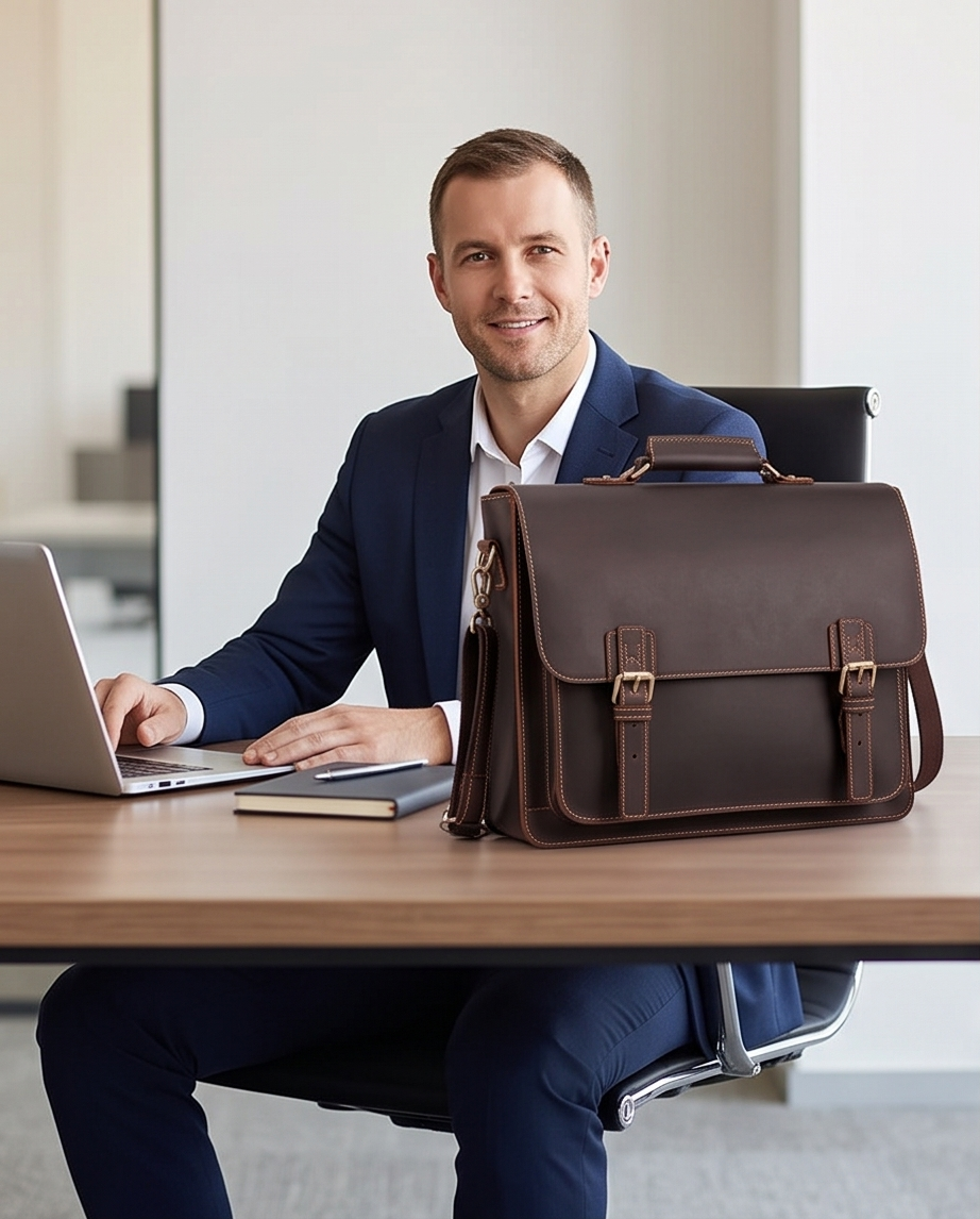 Q-TIGER Genuine Crazy Horse Leather Briefcase – Water-Resistant, Double Buckle & Laptop Messenger