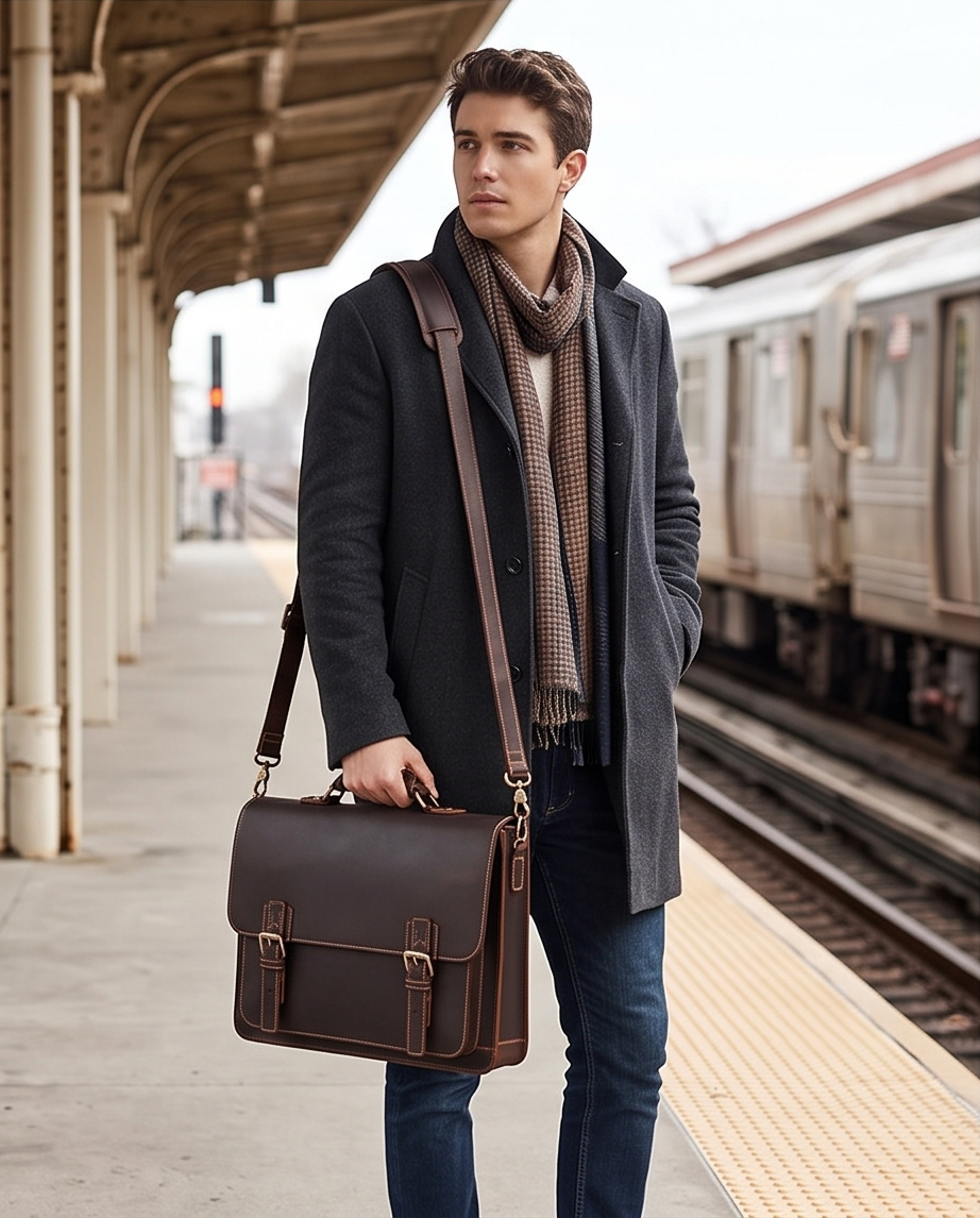 Q-TIGER Genuine Crazy Horse Leather Briefcase – Water-Resistant, Double Buckle & Laptop Messenger