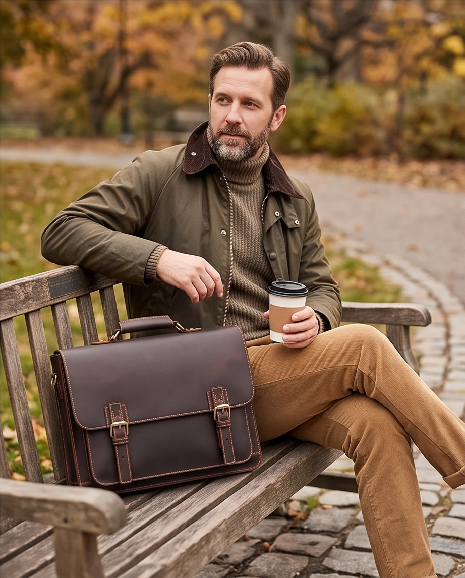 Q-TIGER Genuine Crazy Horse Leather Briefcase – Water-Resistant, Double Buckle & Laptop Messenger