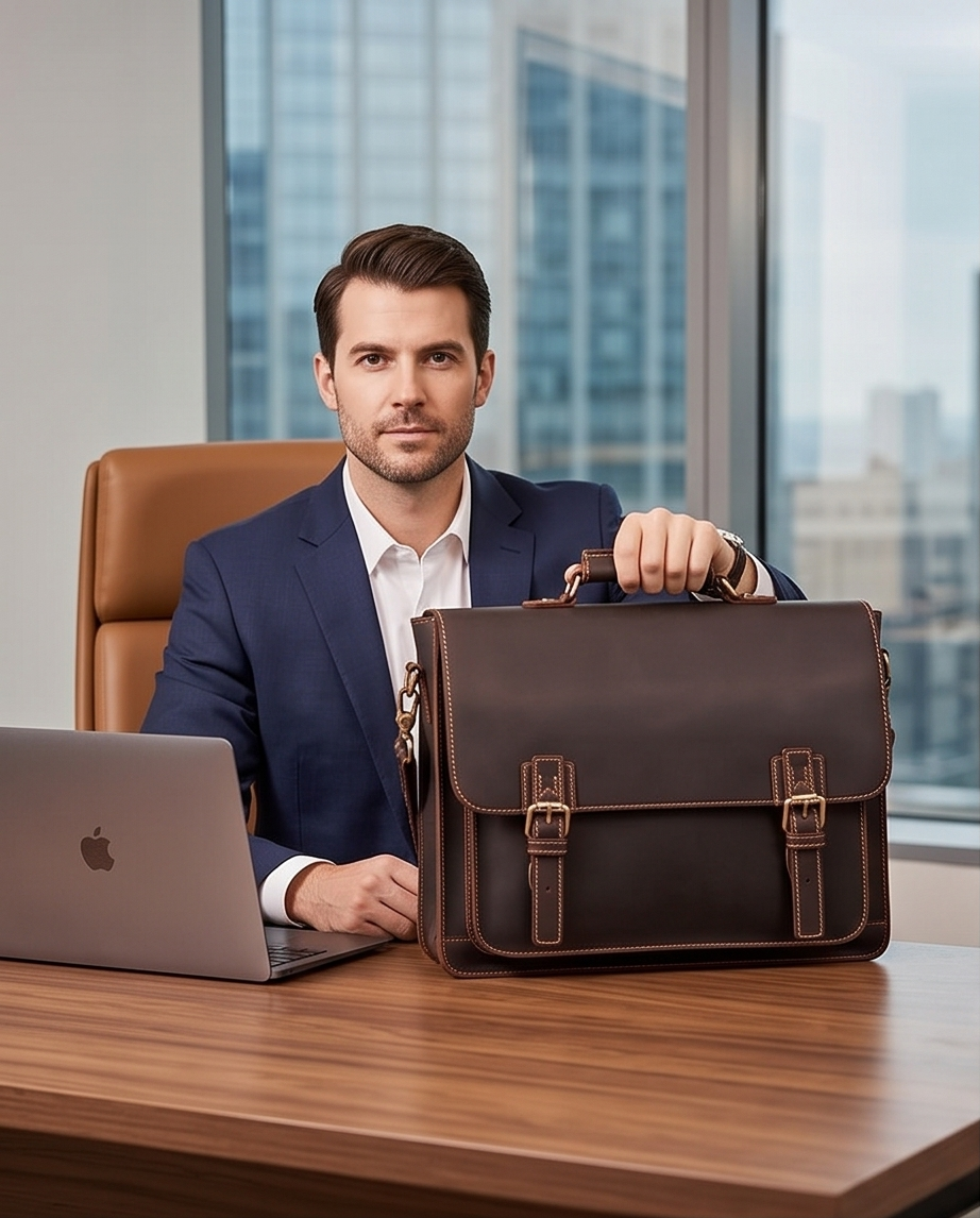 Q-TIGER Genuine Crazy Horse Leather Briefcase – Water-Resistant, Double Buckle & Laptop Messenger