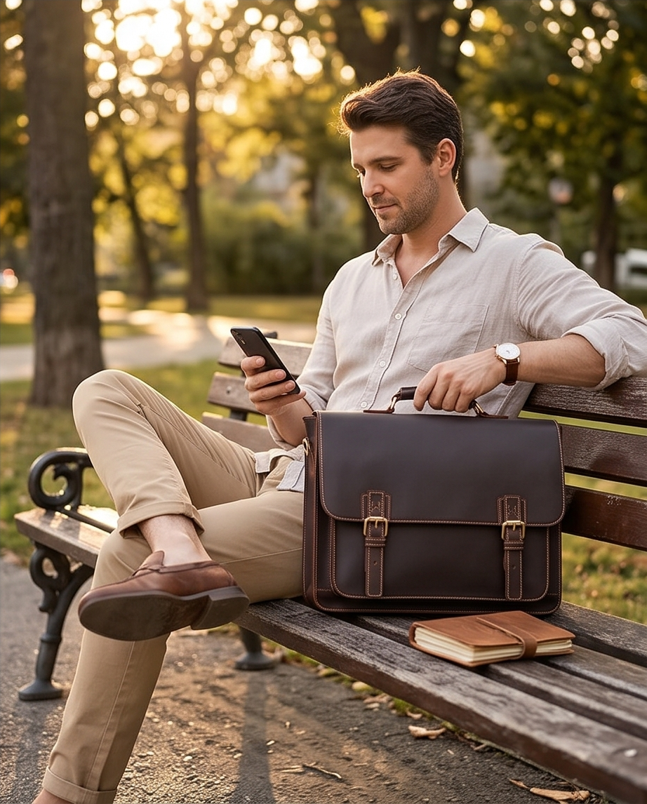 Q-TIGER Genuine Crazy Horse Leather Briefcase – Water-Resistant, Double Buckle & Laptop Messenger