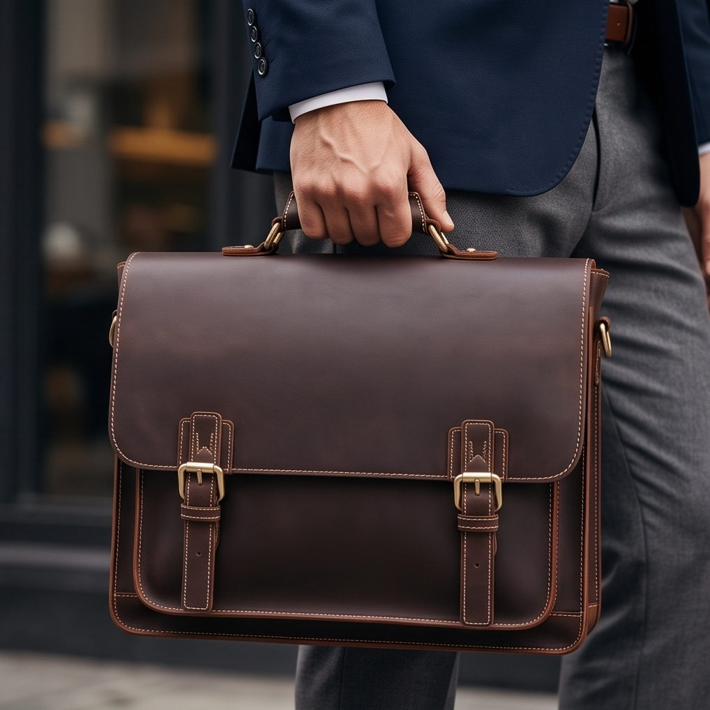 Q-TIGER Genuine Crazy Horse Leather Briefcase – Water-Resistant, Double Buckle & Laptop Messenger