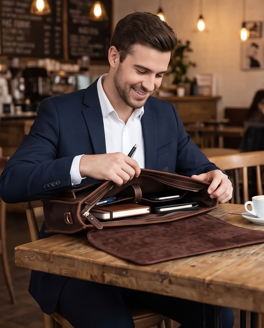 Q-TIGER Genuine Crazy Horse Leather Briefcase – Water-Resistant, Double Buckle & Laptop Messenger
