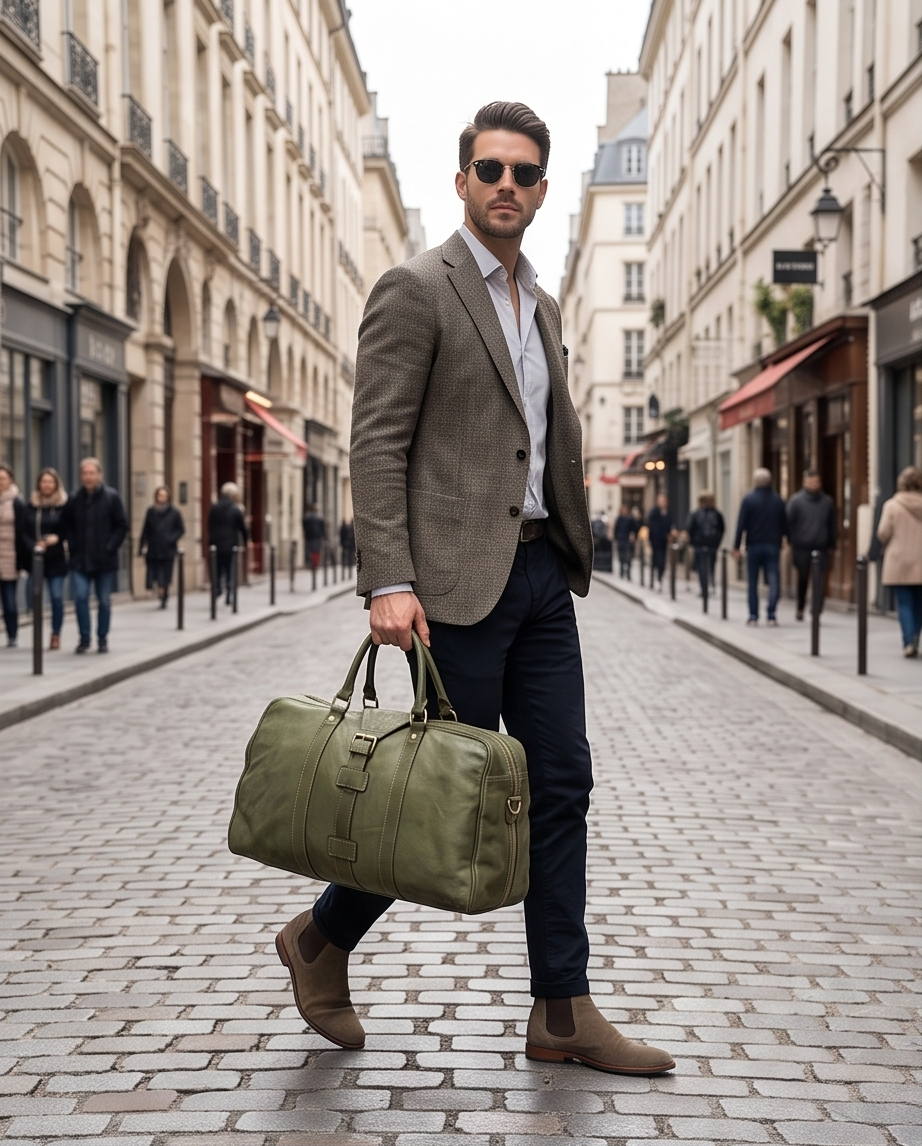Q-ROVE Italian Leather Duffel Bag – Washed Calfskin, Water-Resistant & Large Capacity