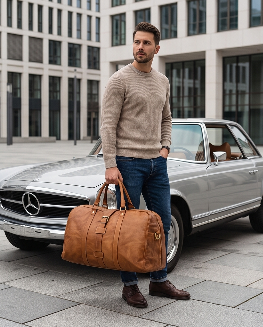 Q-ROVE Italian Leather Duffel Bag – Washed Calfskin, Water-Resistant & Large Capacity
