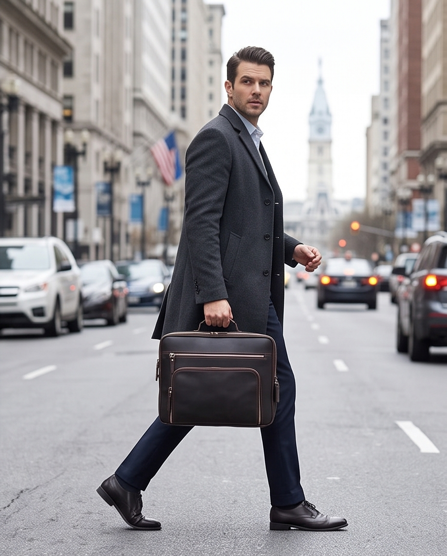 Q-VENTURE Full Grain Leather Laptop Briefcase & Messenger Bag for Men – 15.6" Computer Bag