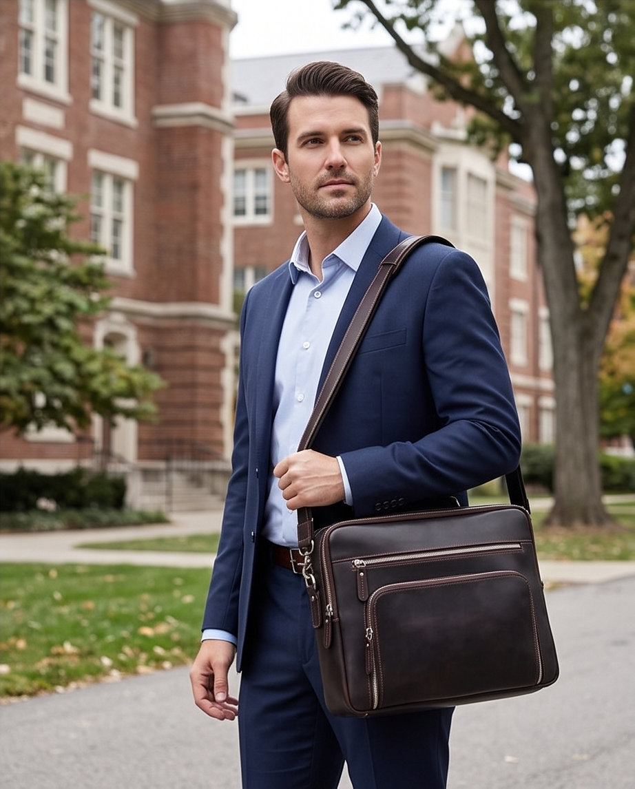 Q-VENTURE Full Grain Leather Laptop Briefcase & Messenger Bag for Men – 15.6" Computer Bag