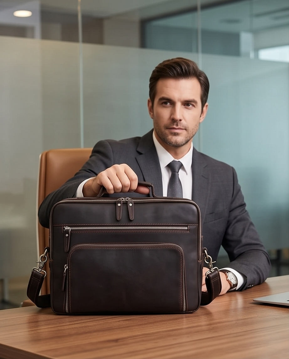 Q-VENTURE Full Grain Leather Laptop Briefcase & Messenger Bag for Men – 15.6" Computer Bag