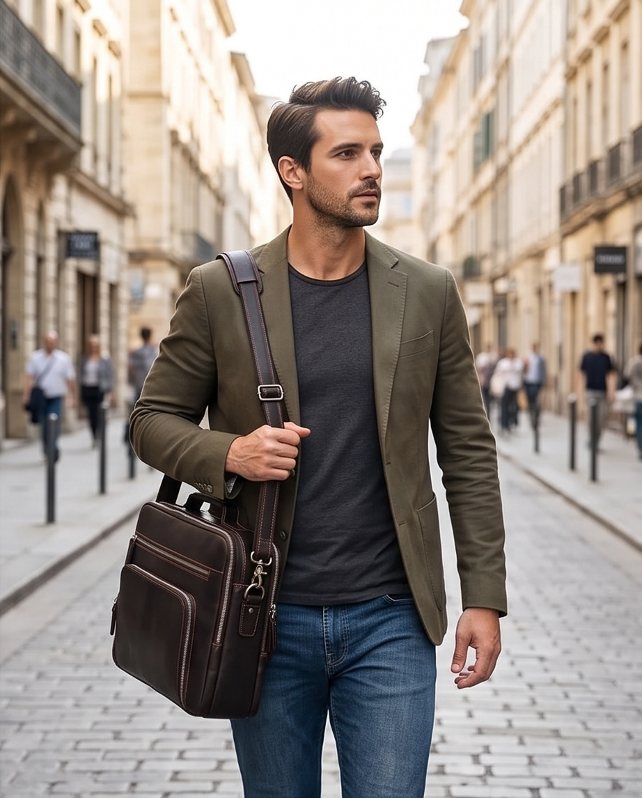 Q-VENTURE Full Grain Leather Laptop Briefcase & Messenger Bag for Men – 15.6" Computer Bag