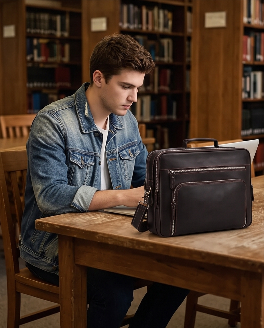 Q-VENTURE Full Grain Leather Laptop Briefcase & Messenger Bag for Men – 15.6" Computer Bag