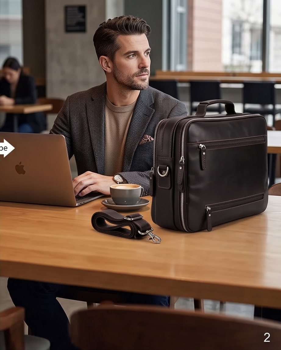 Q-VENTURE Full Grain Leather Laptop Briefcase & Messenger Bag for Men – 15.6" Computer Bag