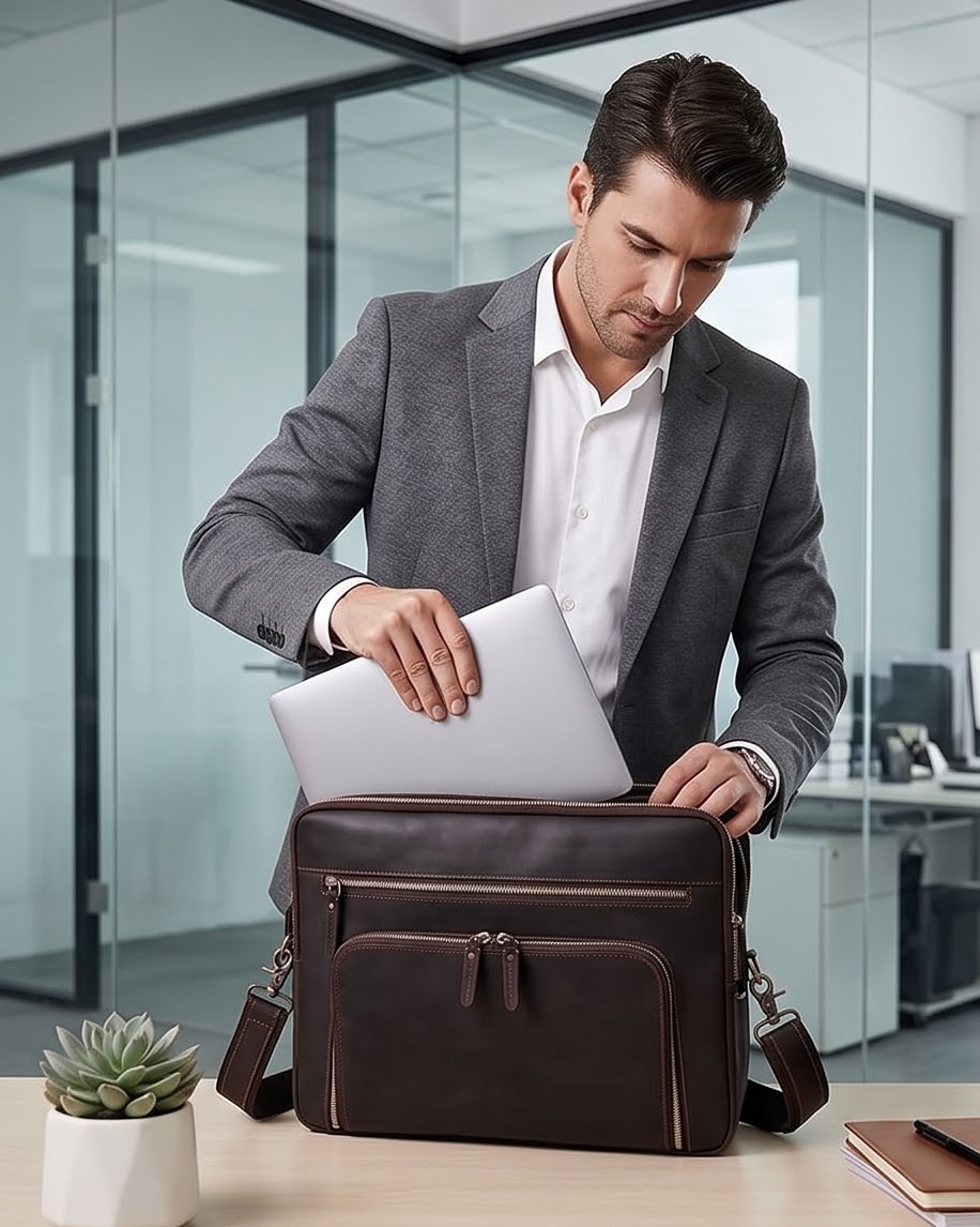 Q-VENTURE Full Grain Leather Laptop Briefcase & Messenger Bag for Men – 15.6" Computer Bag
