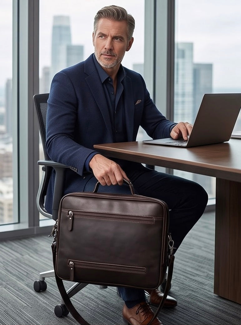 Q-VENTURE Full Grain Leather Laptop Briefcase & Messenger Bag for Men – 15.6" Computer Bag