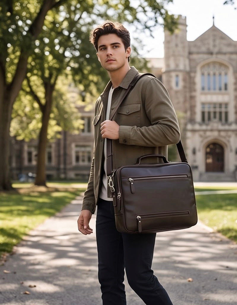 Q-VENTURE Full Grain Leather Laptop Briefcase & Messenger Bag for Men – 15.6" Computer Bag