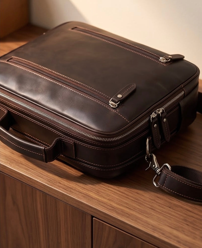 Q-VENTURE Full Grain Leather Laptop Briefcase & Messenger Bag for Men – 15.6" Computer Bag