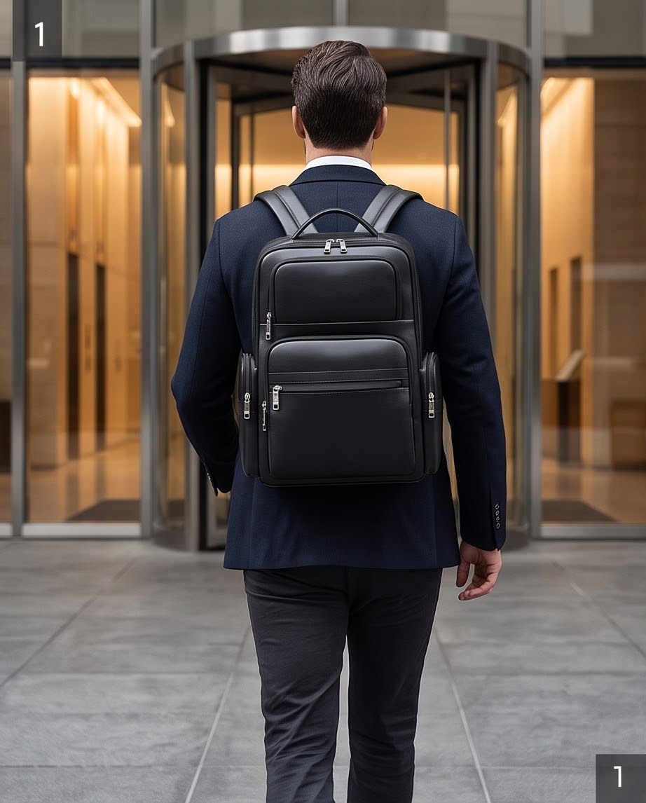 Q-ENORMOUS Genuine Leather Backpack – 40L Anti-Theft Travel & Laptop Bag with USB Charging Port
