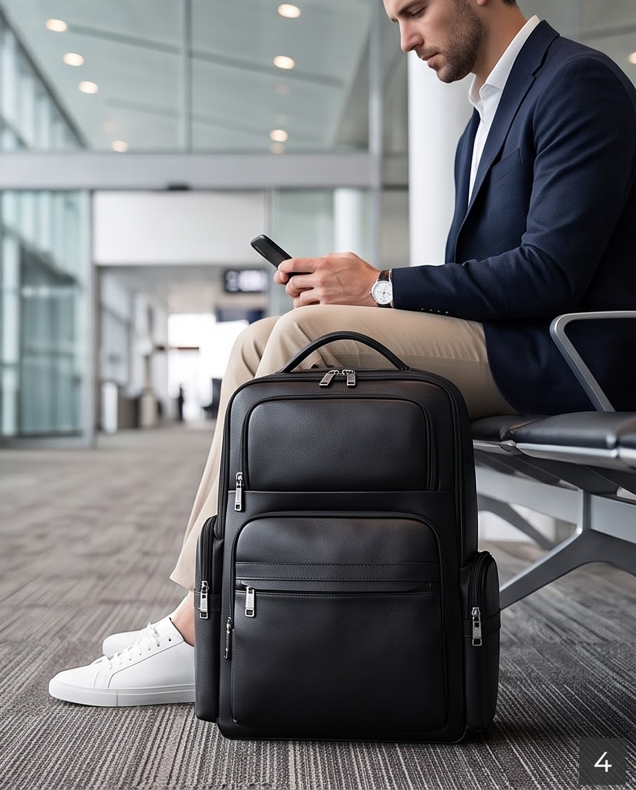 Q-ENORMOUS Genuine Leather Backpack – 40L Anti-Theft Travel & Laptop Bag with USB Charging Port