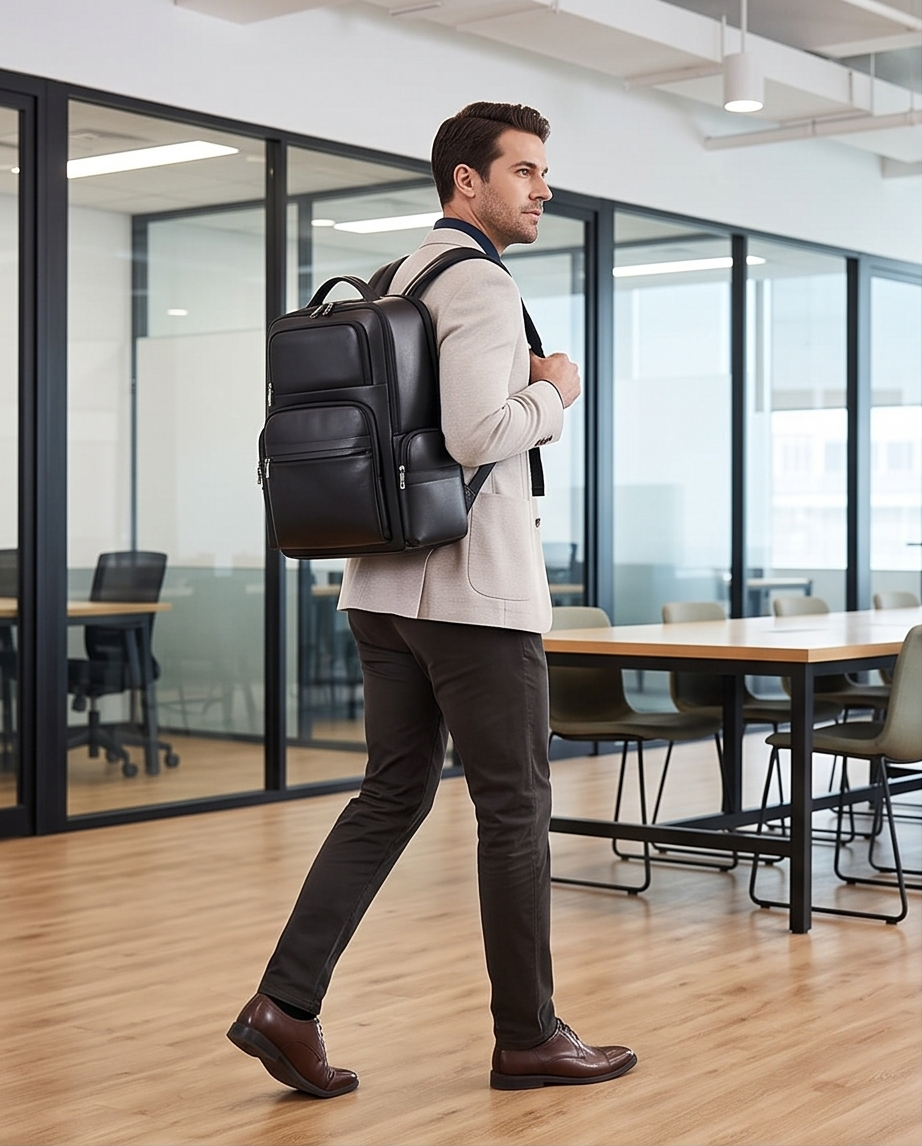 Q-ENORMOUS Genuine Leather Backpack – 40L Anti-Theft Travel & Laptop Bag with USB Charging Port