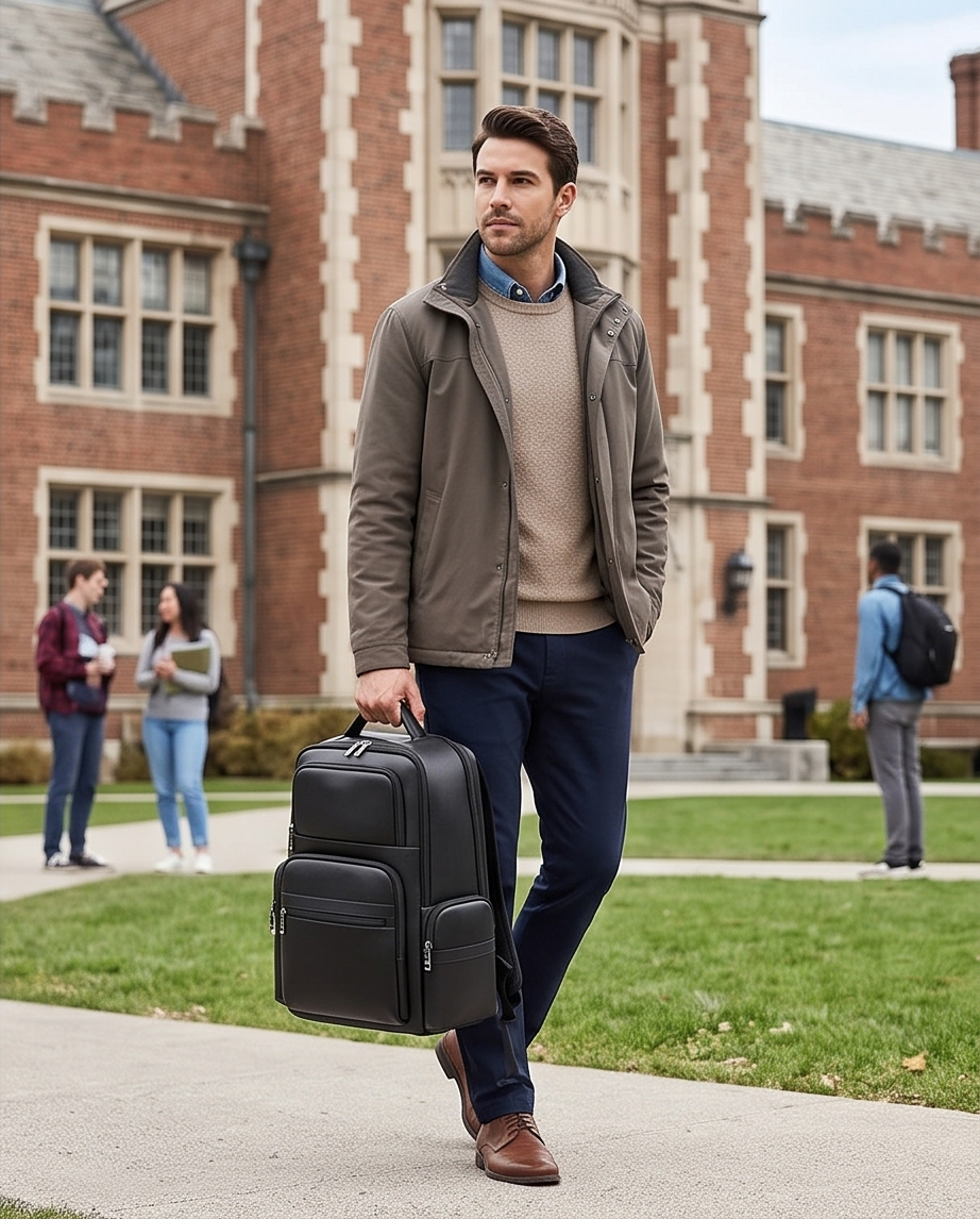Q-ENORMOUS Genuine Leather Backpack – 40L Anti-Theft Travel & Laptop Bag with USB Charging Port