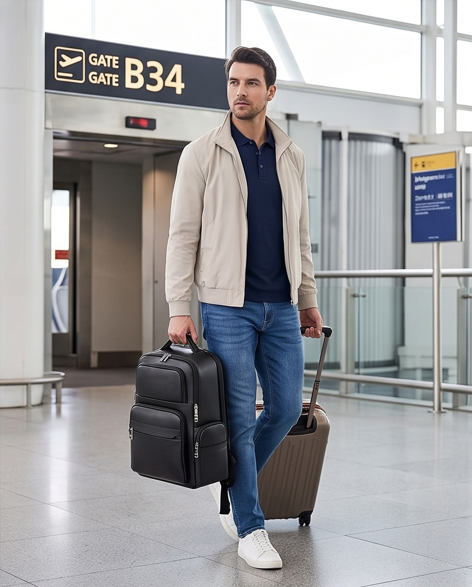 Q-ENORMOUS Genuine Leather Backpack – 40L Anti-Theft Travel & Laptop Bag with USB Charging Port