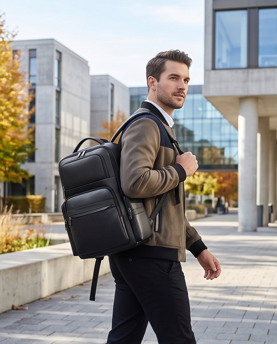 Q-ENORMOUS Genuine Leather Backpack – 40L Anti-Theft Travel & Laptop Bag with USB Charging Port