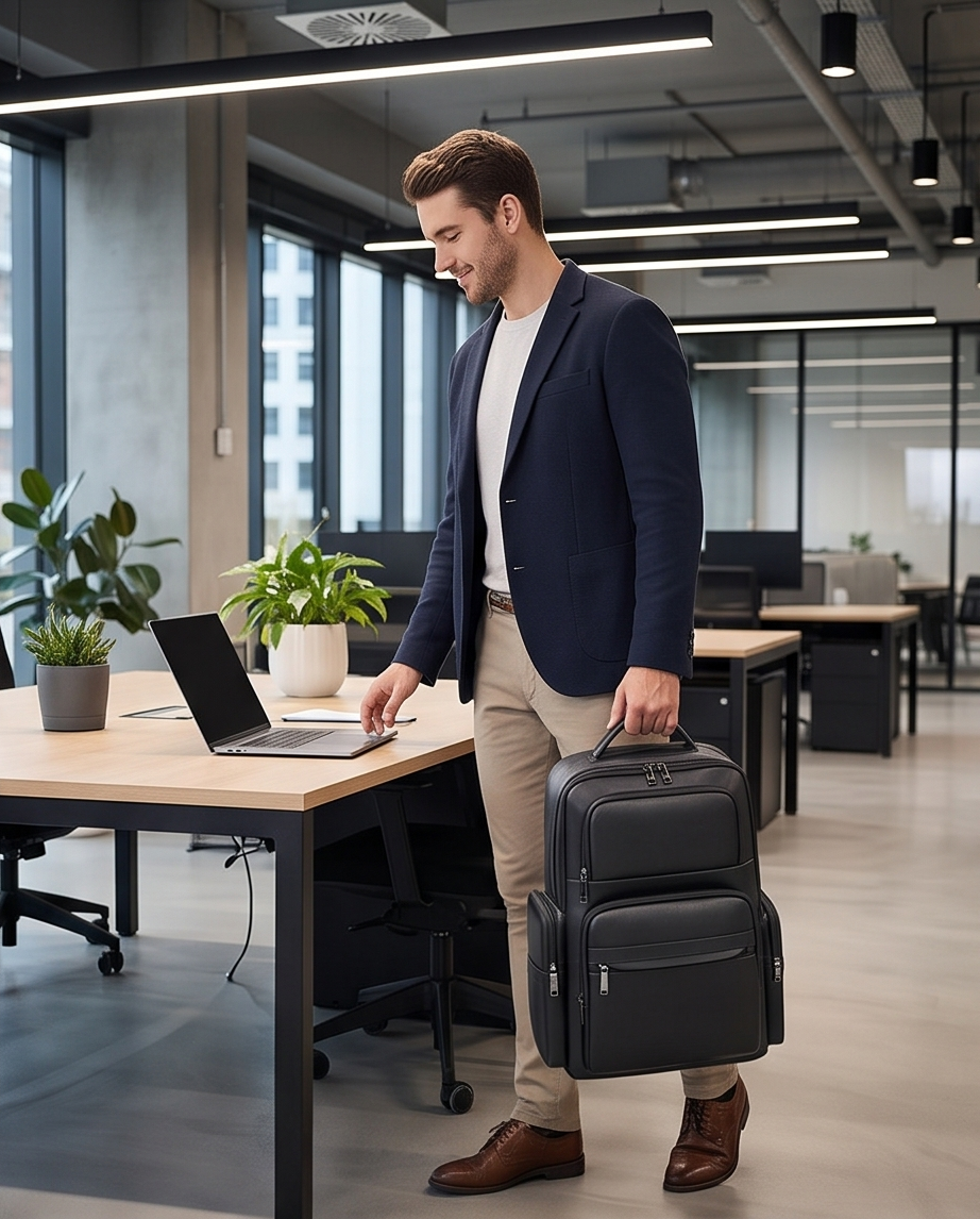Q-ENORMOUS Genuine Leather Backpack – 40L Anti-Theft Travel & Laptop Bag with USB Charging Port