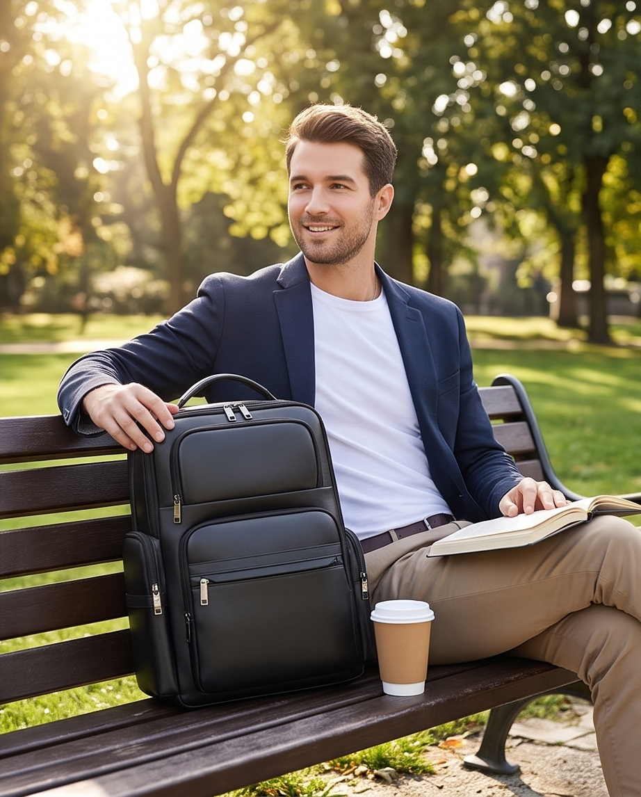 Q-ENORMOUS Genuine Leather Backpack – 40L Anti-Theft Travel & Laptop Bag with USB Charging Port