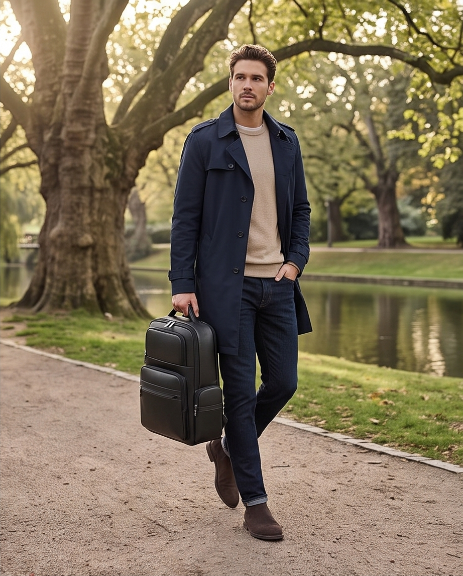 Q-ENORMOUS Genuine Leather Backpack – 40L Anti-Theft Travel & Laptop Bag with USB Charging Port