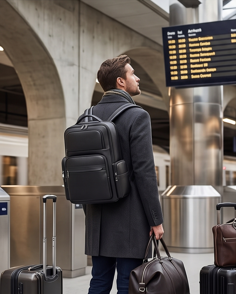 Q-ENORMOUS Genuine Leather Backpack – 40L Anti-Theft Travel & Laptop Bag with USB Charging Port
