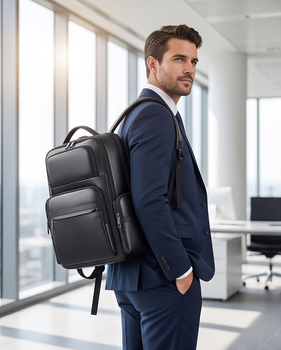 Q-ENORMOUS Genuine Leather Backpack – 40L Anti-Theft Travel & Laptop Bag with USB Charging Port