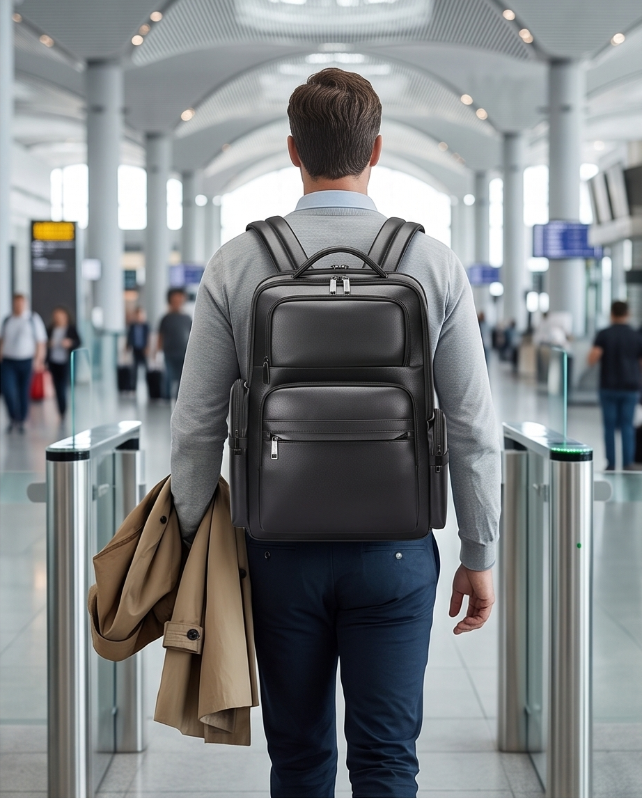 Q-ENORMOUS Genuine Leather Backpack – 40L Anti-Theft Travel & Laptop Bag with USB Charging Port