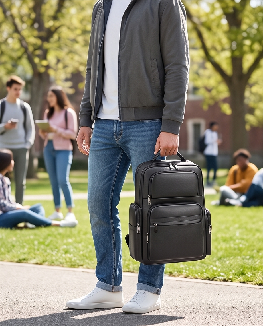 Q-ENORMOUS Genuine Leather Backpack – 40L Anti-Theft Travel & Laptop Bag with USB Charging Port
