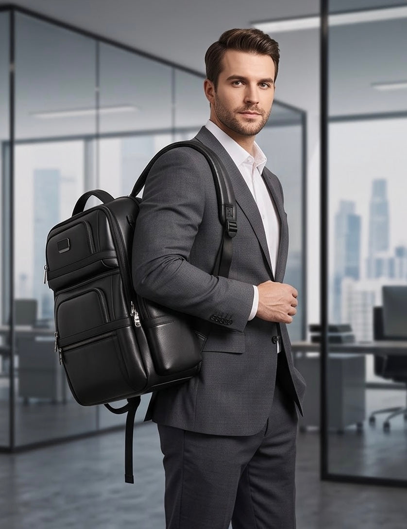 Q-Giant Genuine Leather Backpack – 40L Anti-Theft Travel & Laptop Bag with USB Charging Port