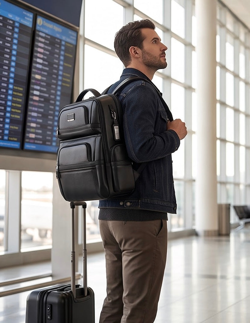 Q-Giant Genuine Leather Backpack – 40L Anti-Theft Travel & Laptop Bag with USB Charging Port