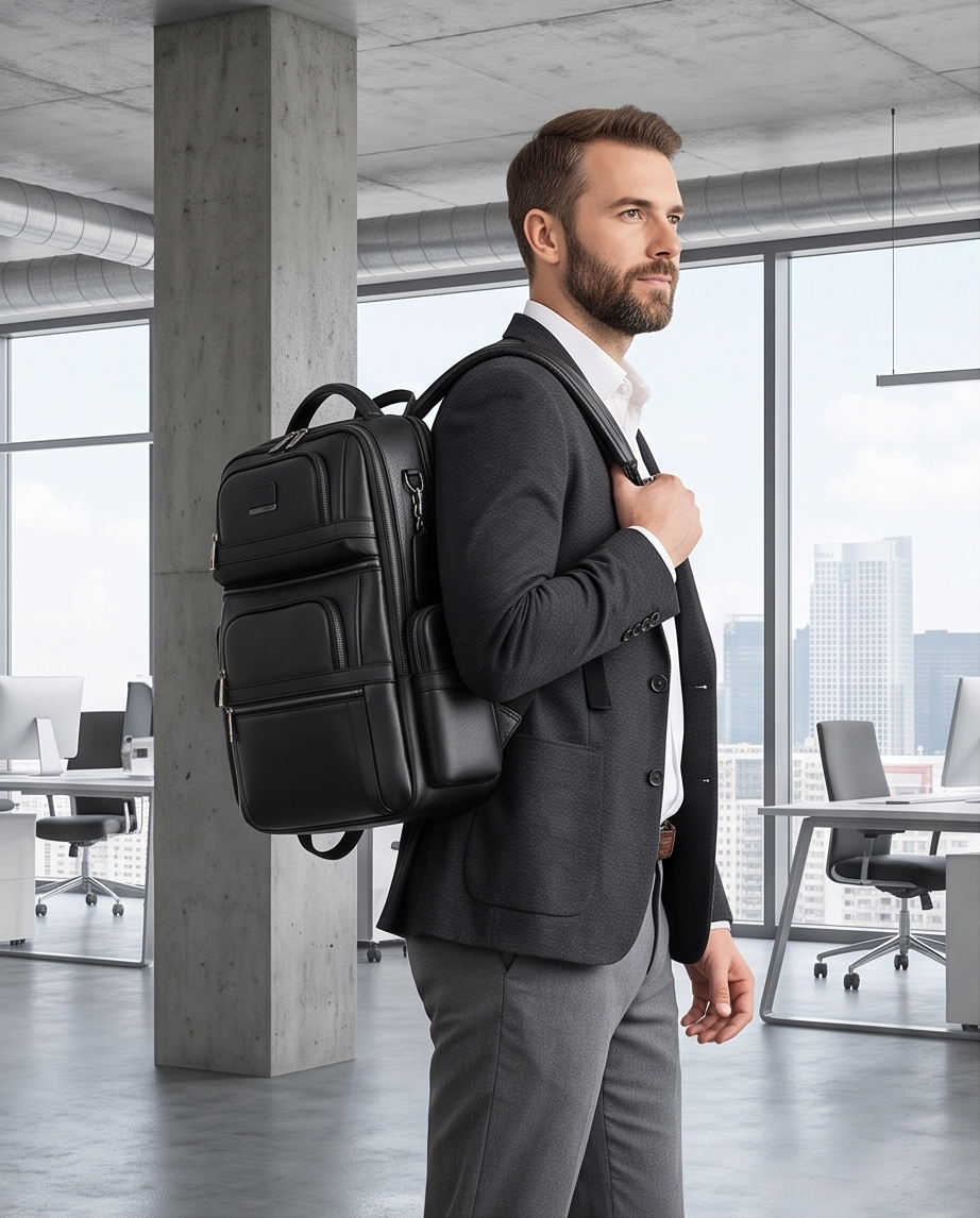 Q-Giant Genuine Leather Backpack – 40L Anti-Theft Travel & Laptop Bag with USB Charging Port