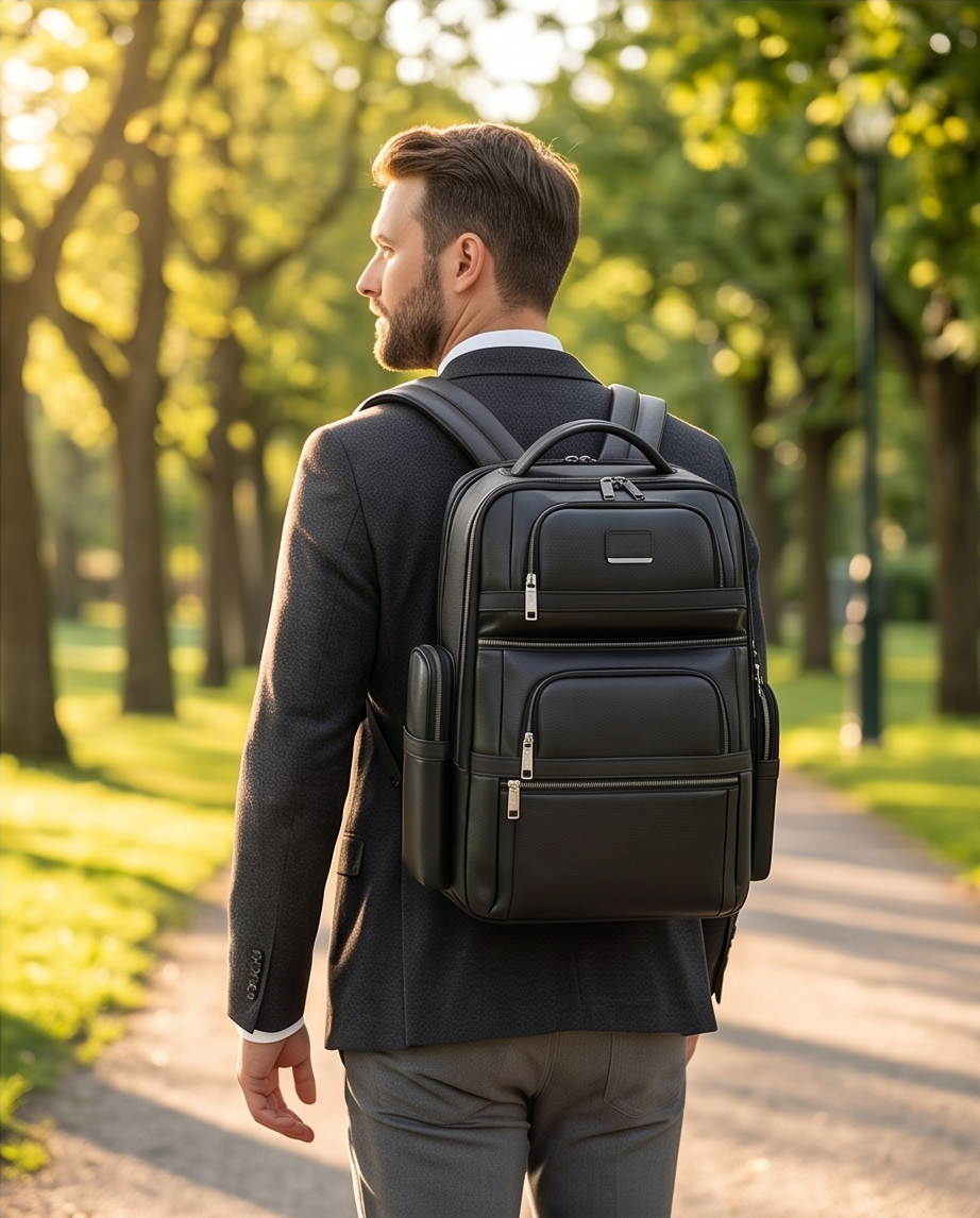 Q-Giant Genuine Leather Backpack – 40L Anti-Theft Travel & Laptop Bag with USB Charging Port