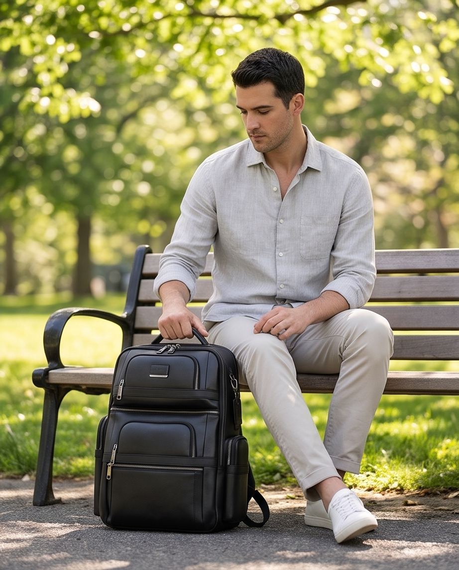 Q-Giant Genuine Leather Backpack – 40L Anti-Theft Travel & Laptop Bag with USB Charging Port
