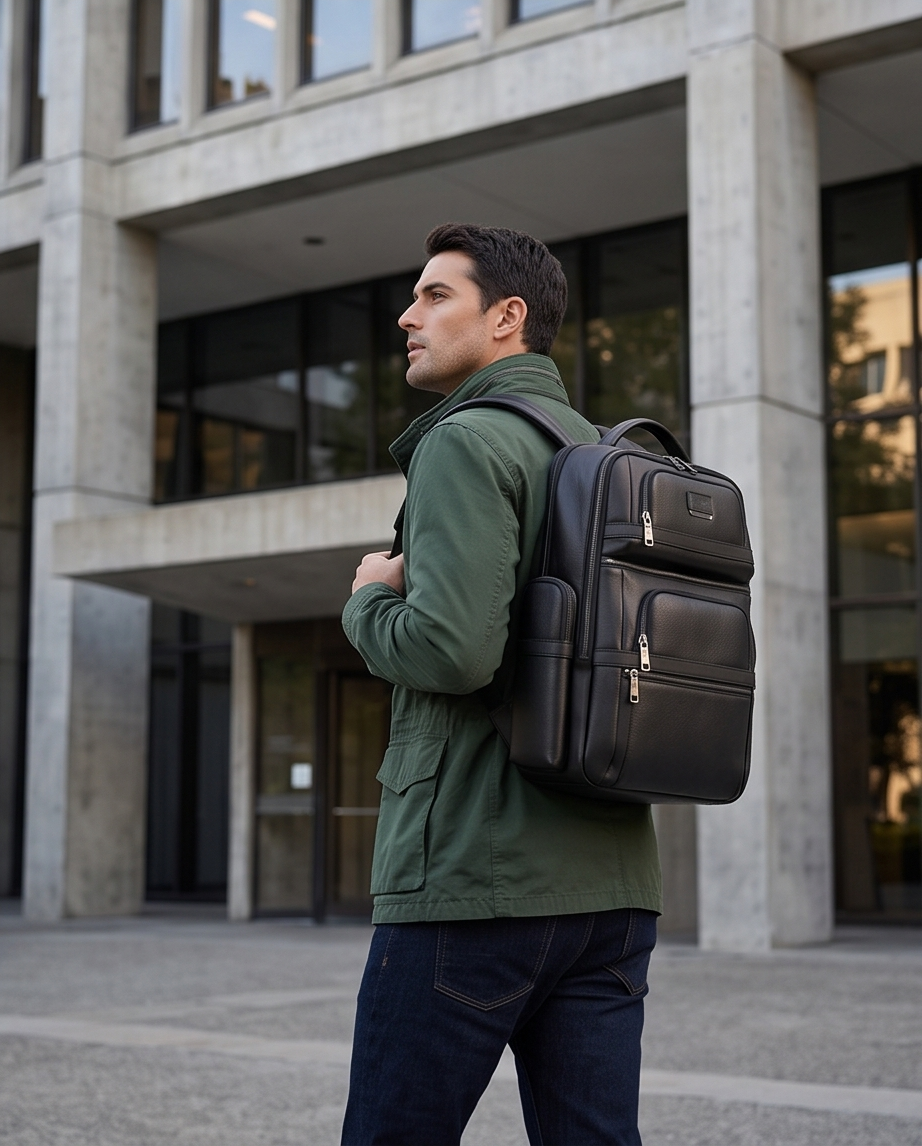 Q-Giant Genuine Leather Backpack – 40L Anti-Theft Travel & Laptop Bag with USB Charging Port