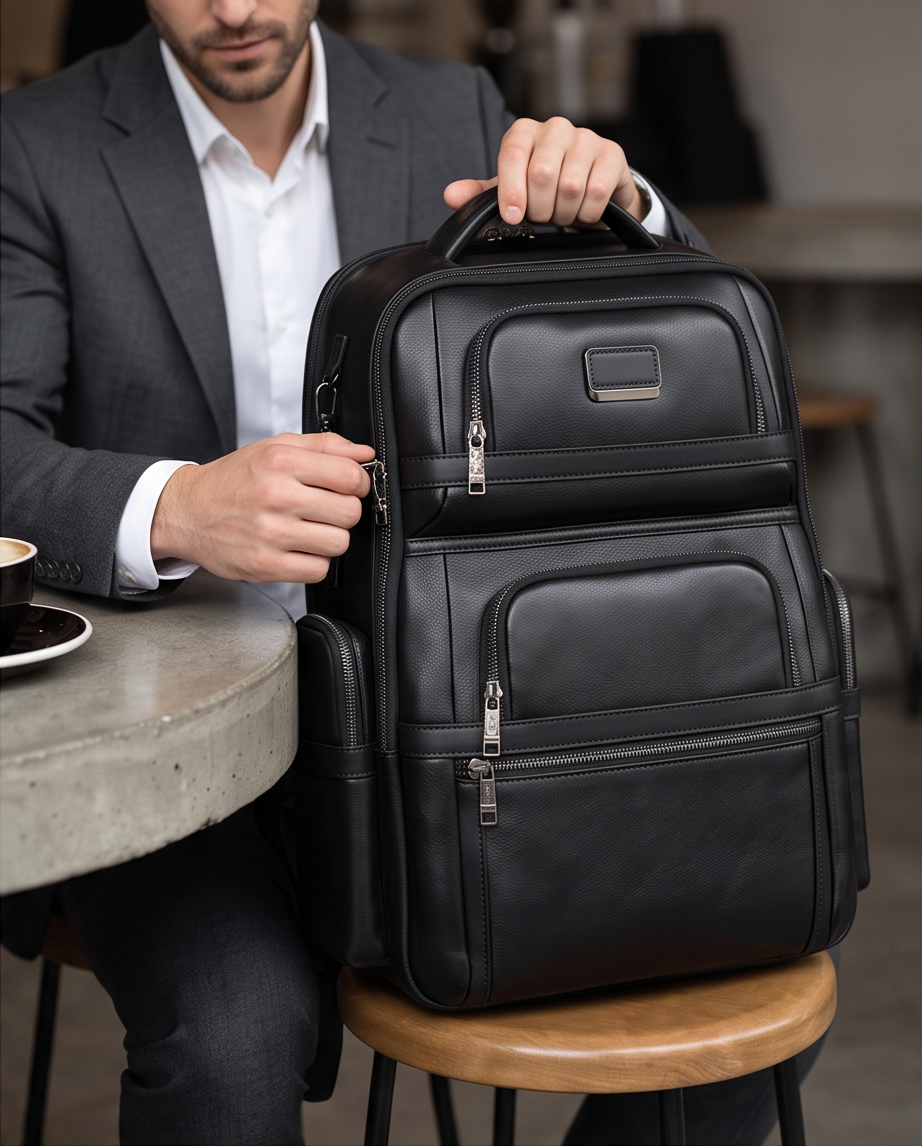 Q-Giant Genuine Leather Backpack – 40L Anti-Theft Travel & Laptop Bag with USB Charging Port