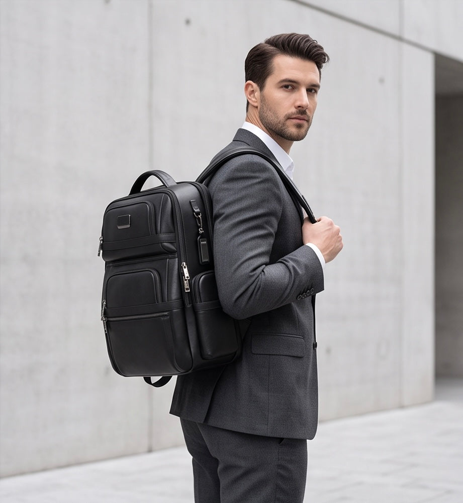 Q-Giant Genuine Leather Backpack – 40L Anti-Theft Travel & Laptop Bag with USB Charging Port