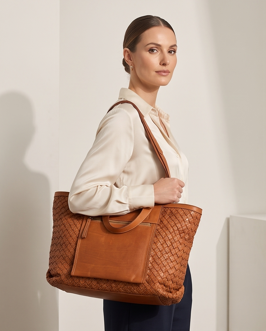 Q-Adelme Braided Calfskin Tote Bag — Handcrafted Elegance, Effortless Capacity