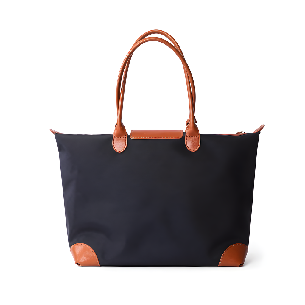 Q-VELORA Medium Nylon & Leather Travel Tote Bag – Waterproof, Laptop Compartment, 2-Way Carry