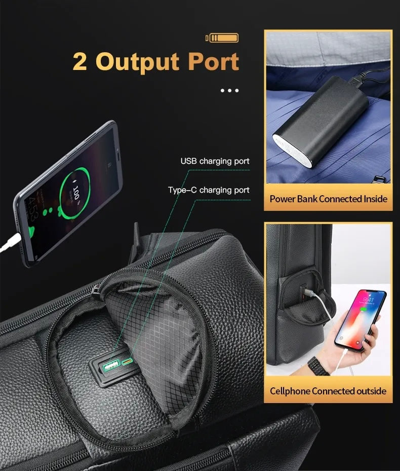 Q-THUNDER Genuine Leather Backpack – Large Capacity, USB Charging, TSA Lay-Flat & Ergonomic Straps
