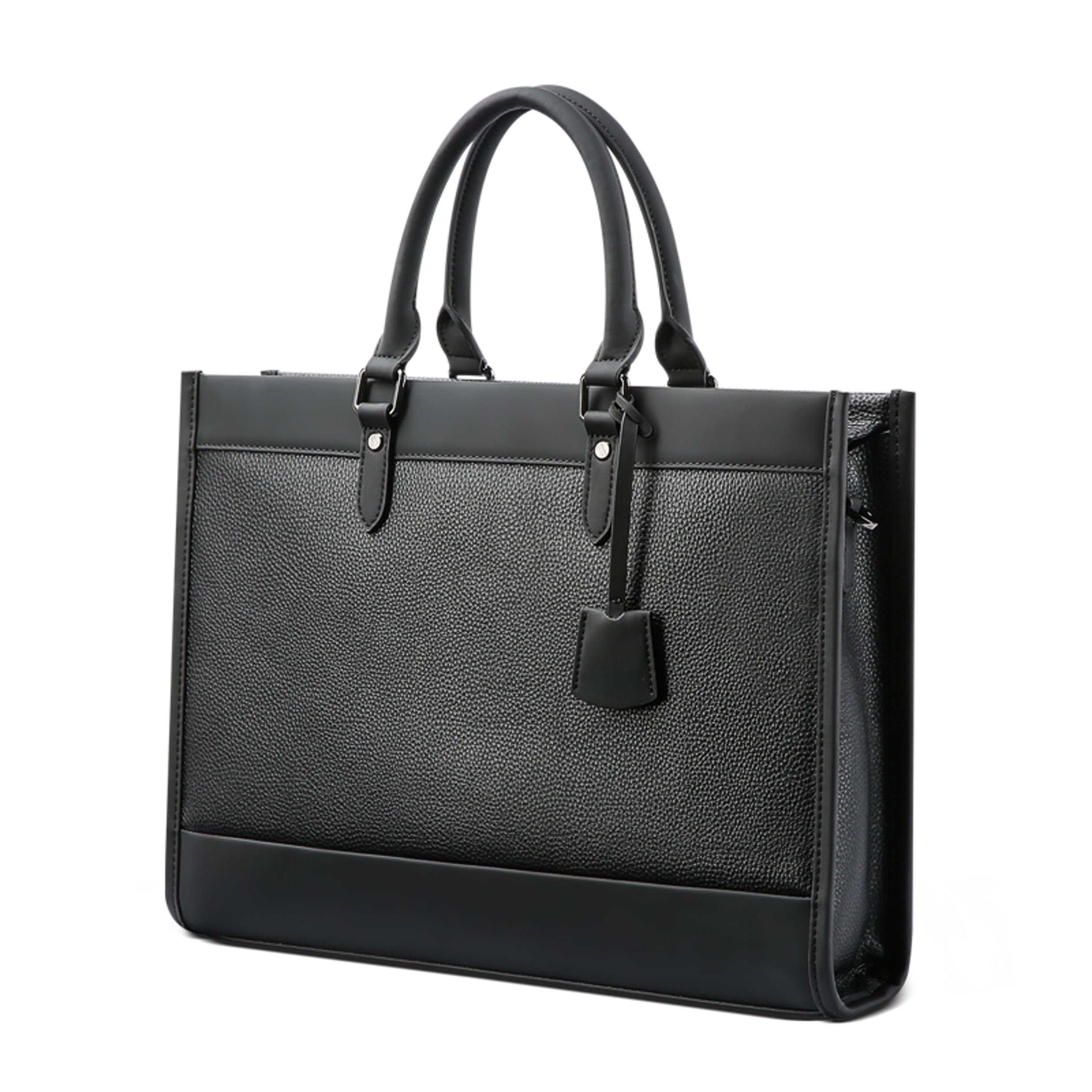 Black leather briefcase with handle on a white background
